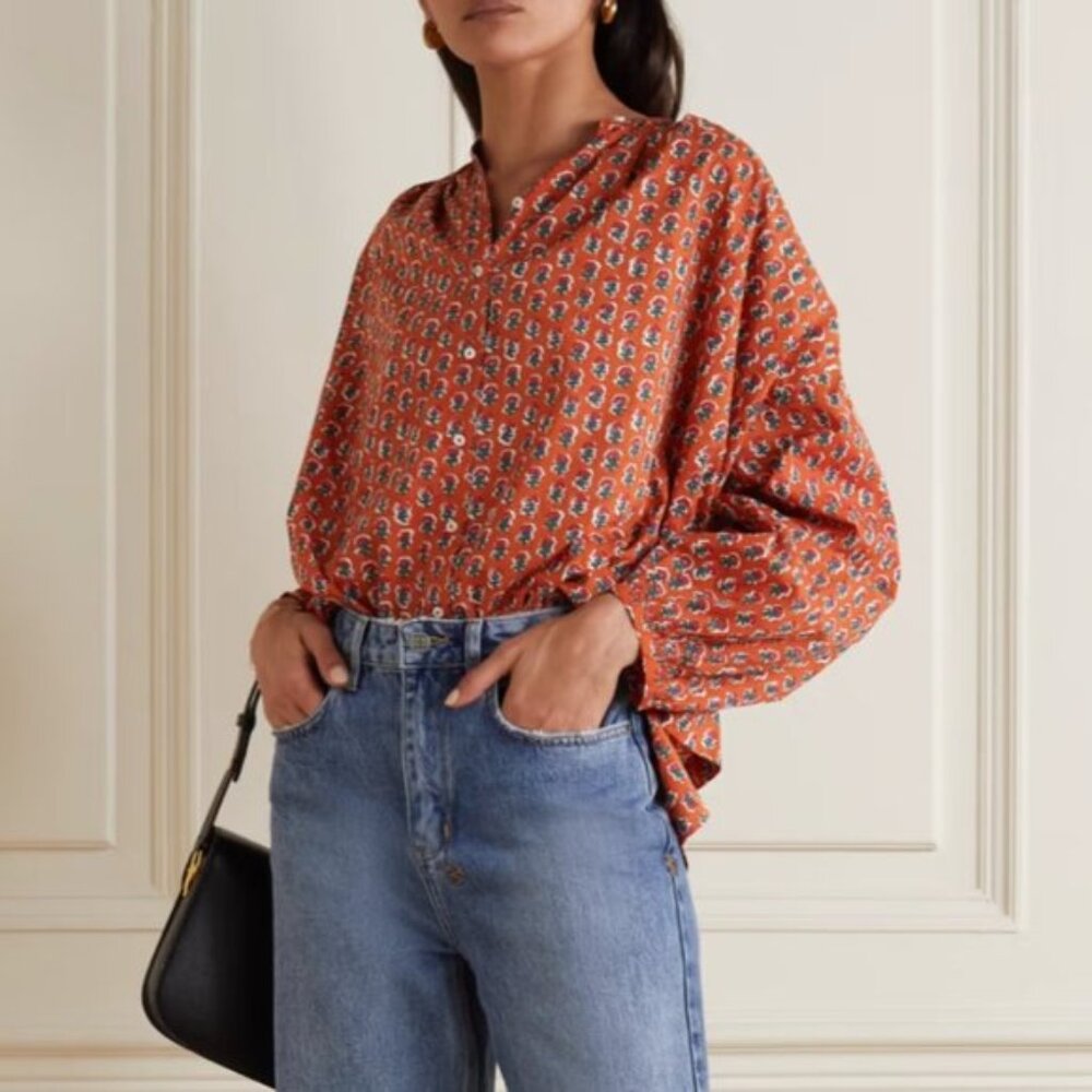 Doen Jane Blouse Calico Canyon Blooms Red Oversized Organic Cotton Top Sz M